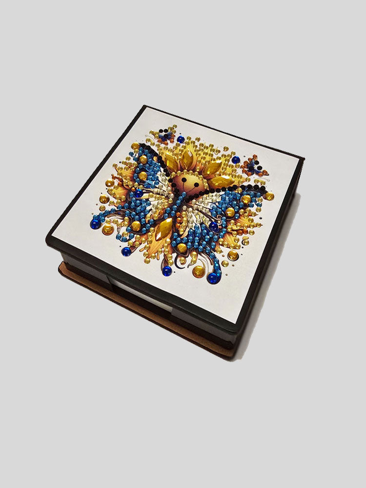 Notizzettelbox mit Schmetterling goldfarben und blau