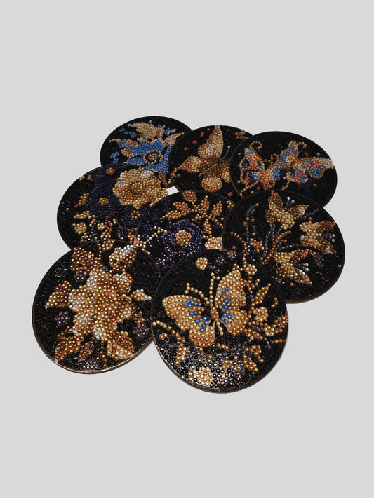 Untersetzer-Set schwarz mit Blumenmotiven