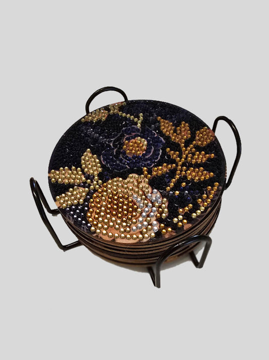 Untersetzer-Set schwarz mit Blumenmotiven