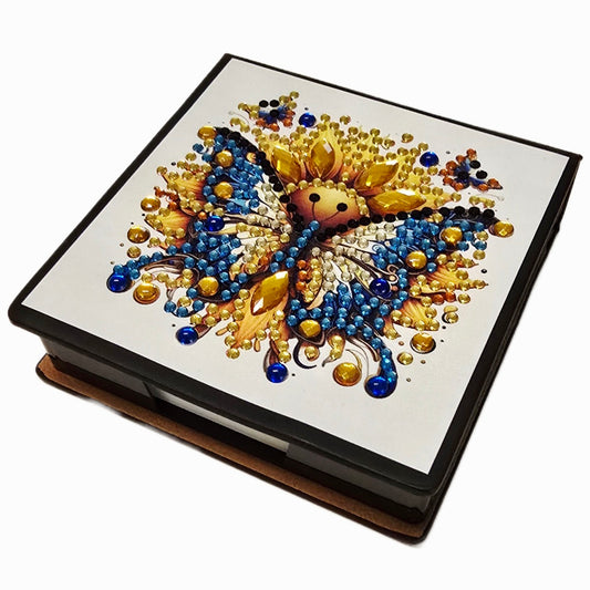Notizzettelbox mit Schmetterling goldfarben und blau