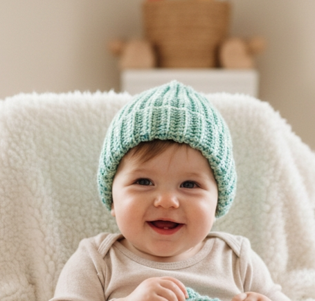 Handgestrickte Babymütze im Patentmuster aus Merinowolle