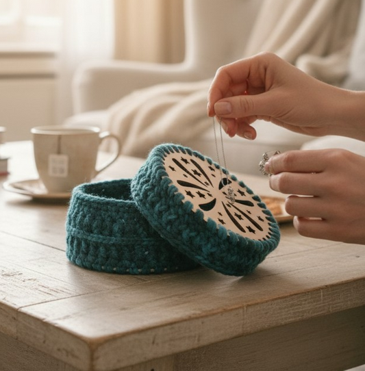 Gehäkelte Dose mit Holzdeckel