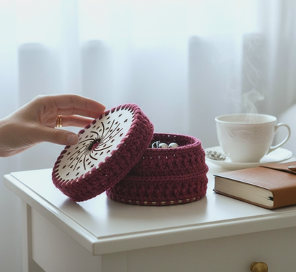 Gehäkelte Dose mit Holzdeckel