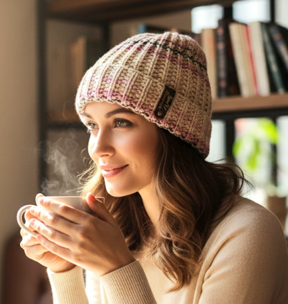 Handgestrickte Mütze im Patentmuster aus Merino und Yakwolle