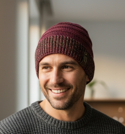 Handgestrickte Mütze aus Merinowolle in weinrot