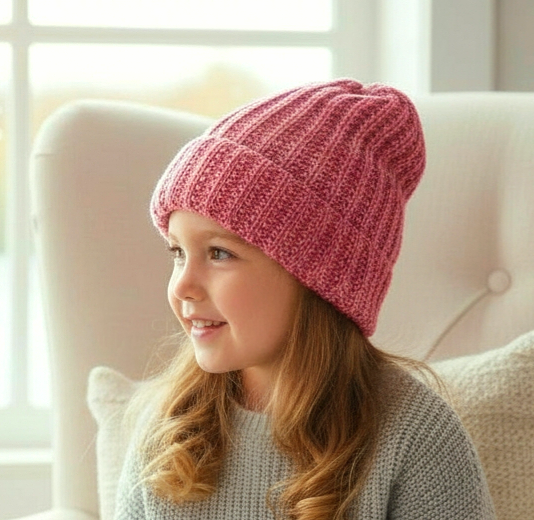 Handgestrickte Kindermütze im Patentmuster aus Merinowolle