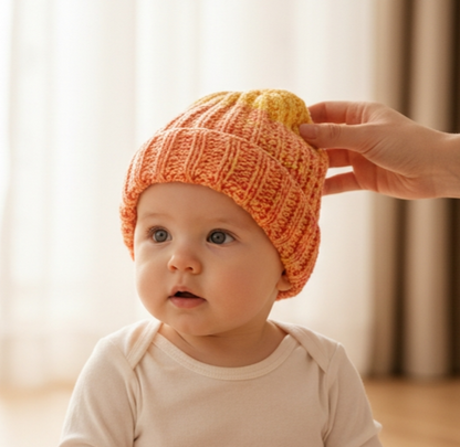 Handgestrickte Babymütze im Patentmuster aus Merinowolle